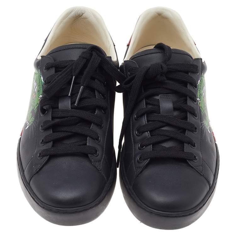 Pre Owned Gucci Black Leather Ace Panther Print Low Top Sneakers Size 40