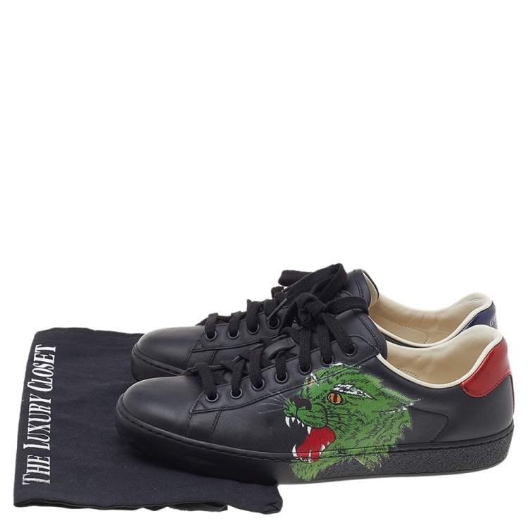Pre Owned Gucci Black Leather Ace Panther Print Low Top Sneakers Size 40