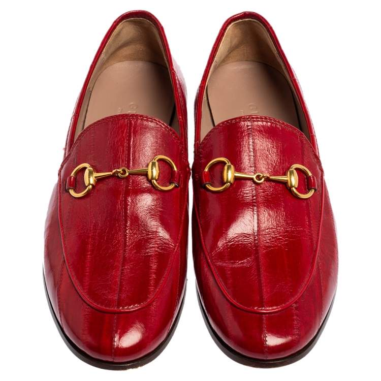 Pre Owned Gucci Red Eel Leather Jordaan Horsebit Loafers Size 35