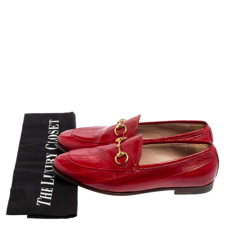Pre Owned Gucci Red Eel Leather Jordaan Horsebit Loafers Size 35