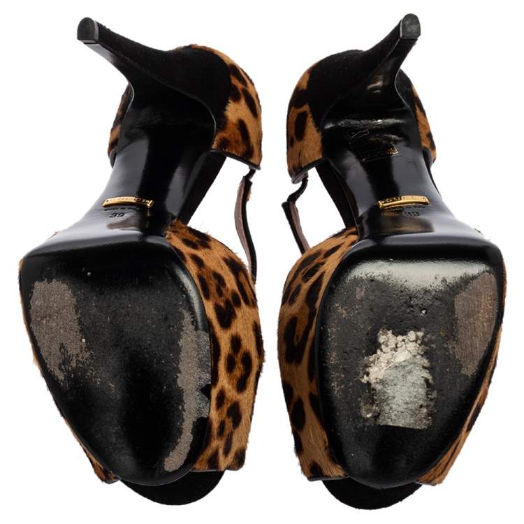 Pre Owned Gucci Black/Brown Leopard Print Pony Hair Platform Peep Toe Sandals Size 39