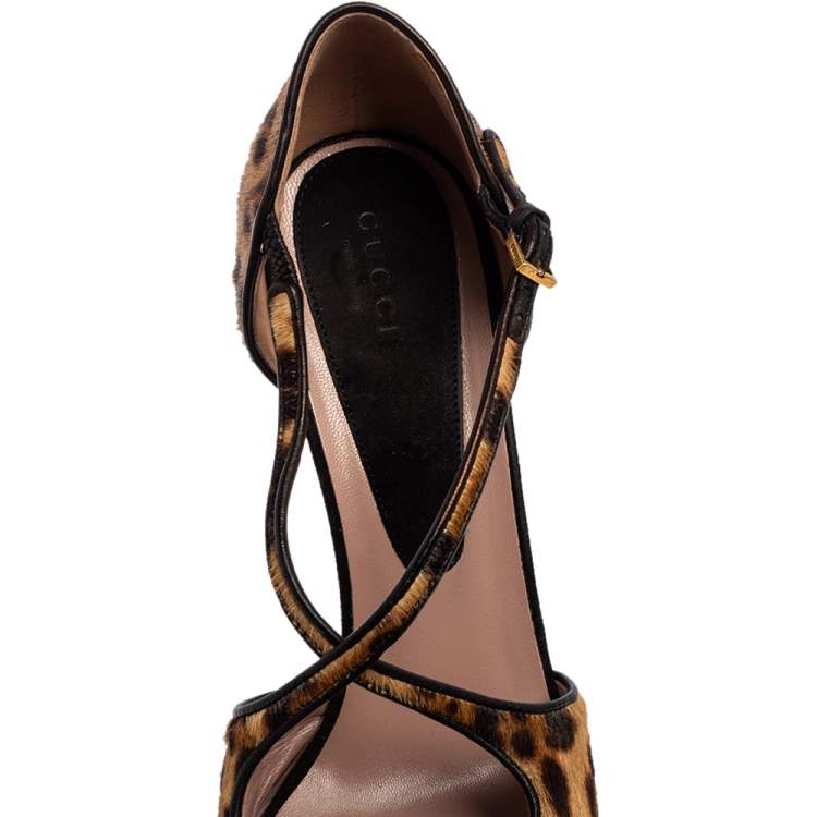 Pre Owned Gucci Black/Brown Leopard Print Pony Hair Platform Peep Toe Sandals Size 39