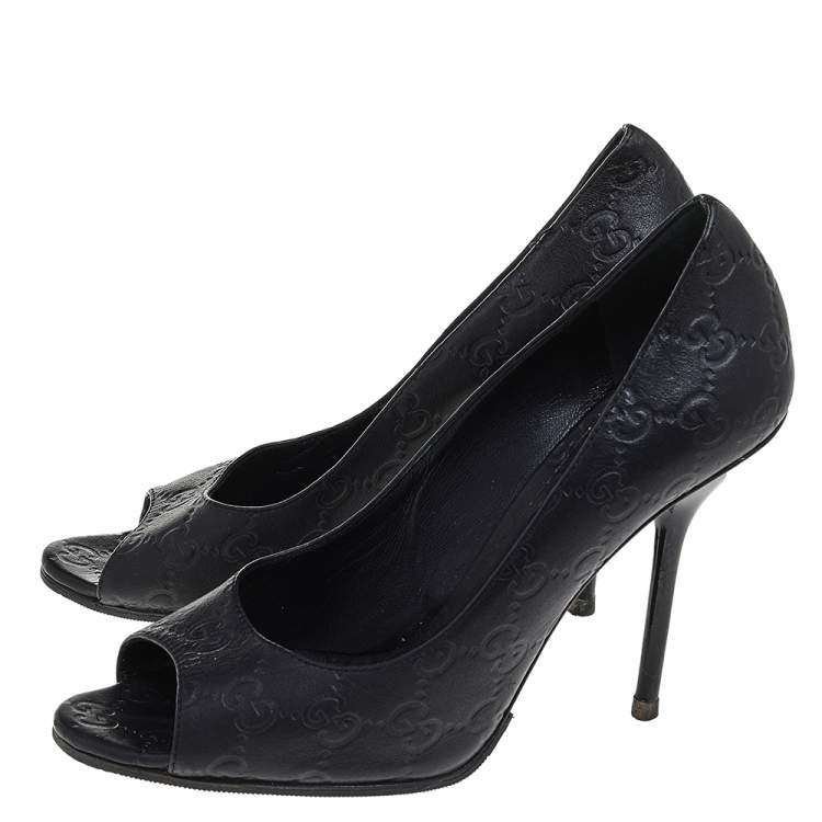 Pre Owned Gucci Black Guccissima Leather Peep Toe Pumps Size 38