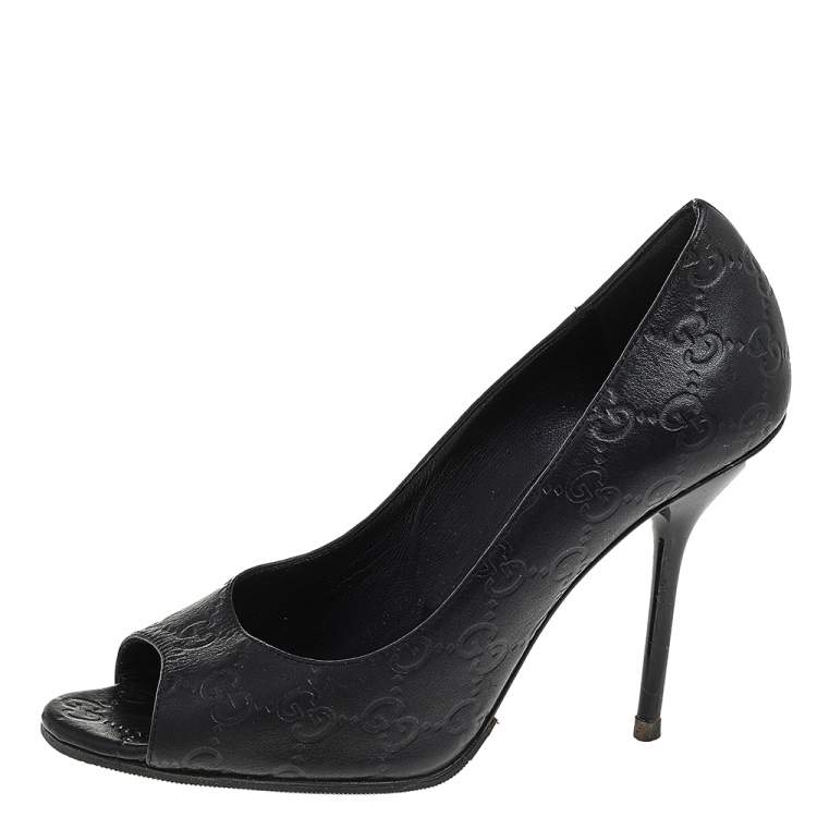 Pre Owned Gucci Black Guccissima Leather Peep Toe Pumps Size 38