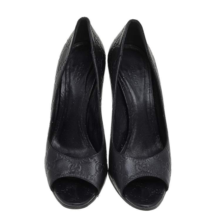 Pre Owned Gucci Black Guccissima Leather Peep Toe Pumps Size 38