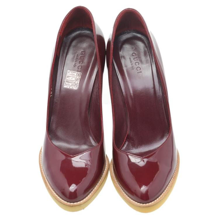 Pre Owned Gucci Burgundy Patent Leather Round Toe Pumps Size 37.5