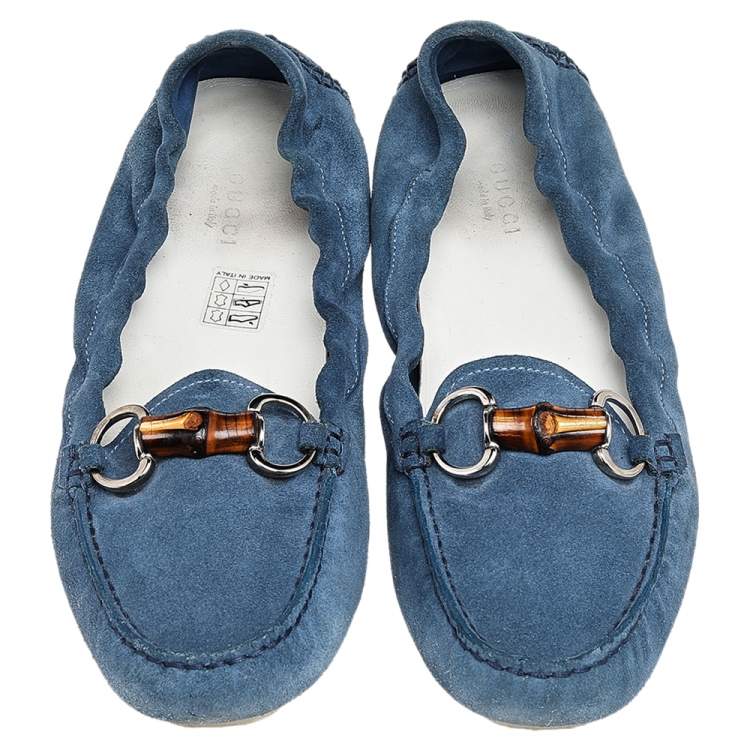مملوكة مسبقًا Gucci Blue Suede Bamboo Horsebit Loafers Size 38.5