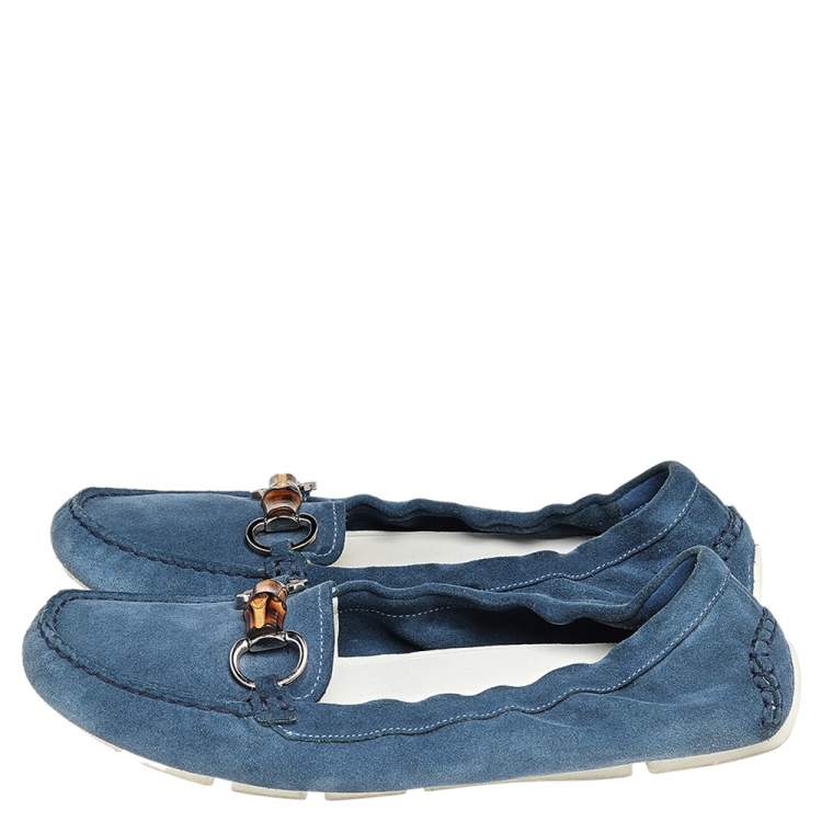 مملوكة مسبقًا Gucci Blue Suede Bamboo Horsebit Loafers Size 38.5