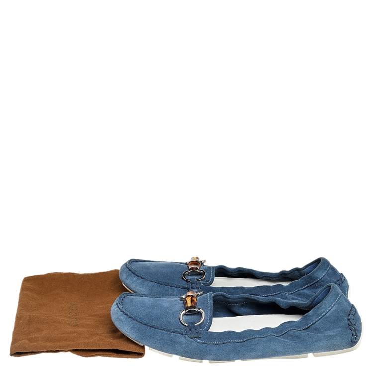 مملوكة مسبقًا Gucci Blue Suede Bamboo Horsebit Loafers Size 38.5