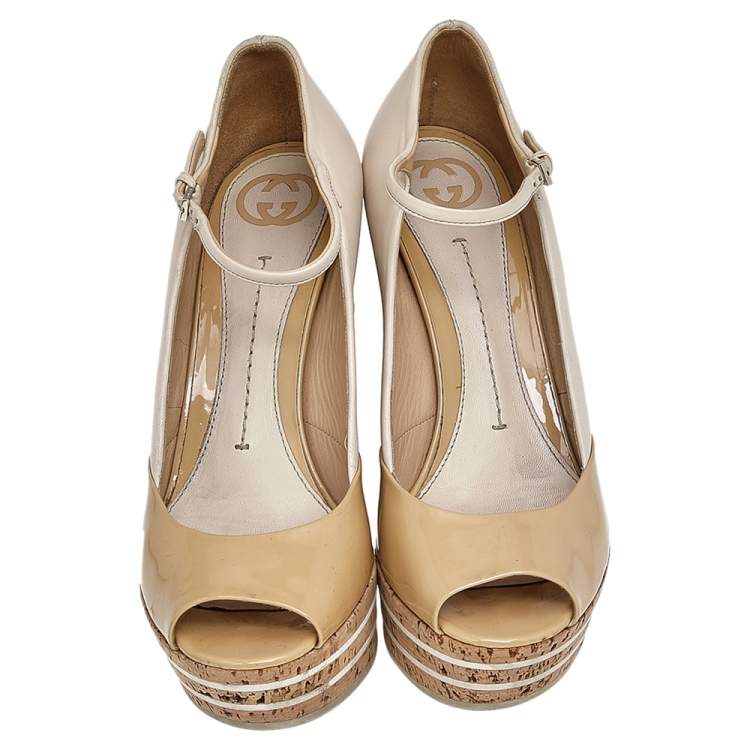 Pre Owned Gucci Beige Patent And Leather Cork Wedge Slingback Sandals Size 38