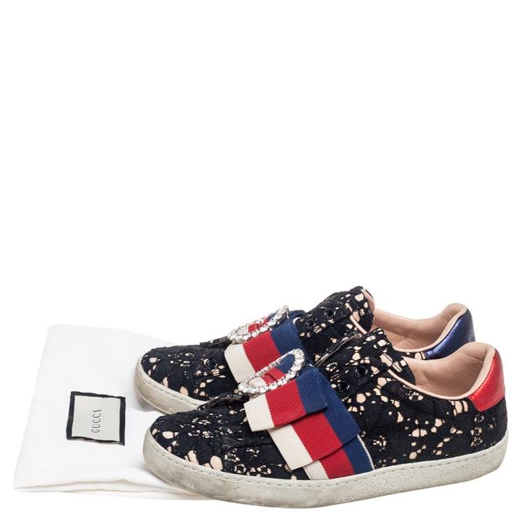Pre Owned Gucci Black Lace Ace Web Crystal Embellished Slip On Sneakers Size 34.5