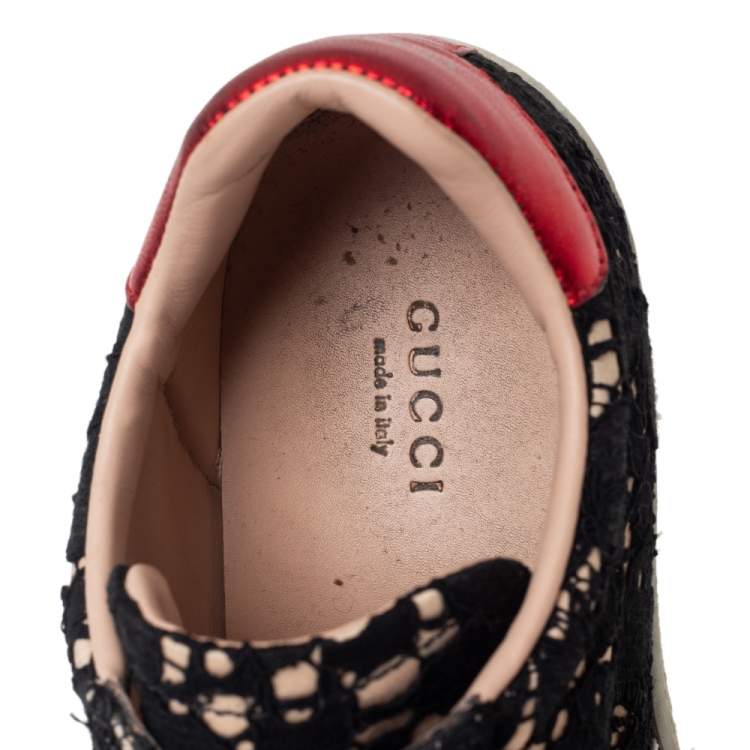 Pre Owned Gucci Black Lace Ace Web Crystal Embellished Slip On Sneakers Size 34.5
