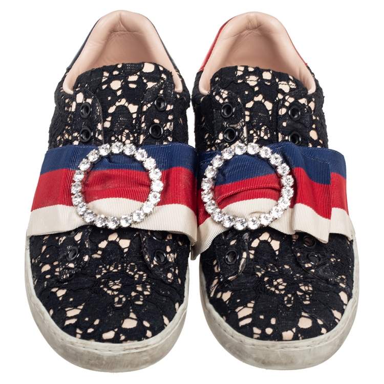 Pre Owned Gucci Black Lace Ace Web Crystal Embellished Slip On Sneakers Size 34.5