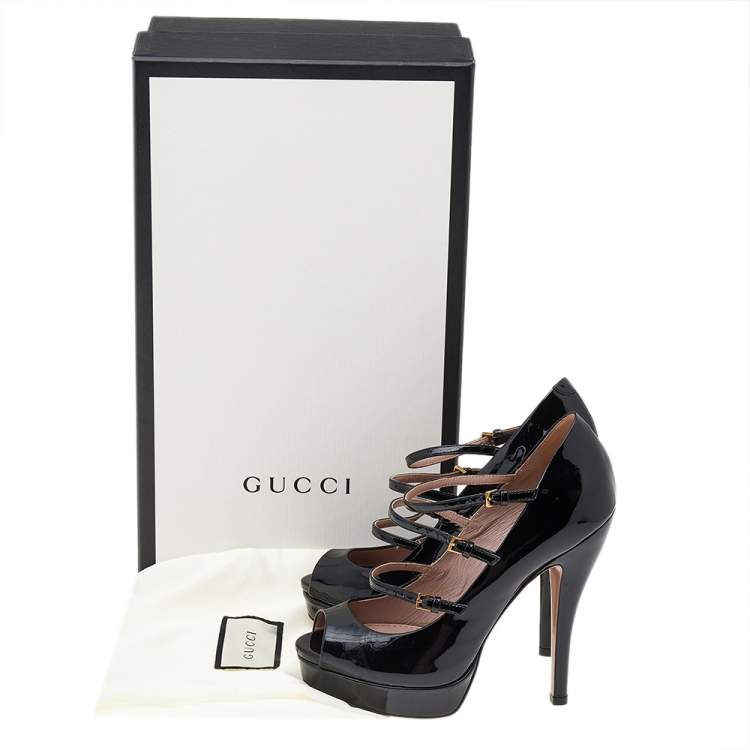 Pre Owned Gucci Black Patent Leather Multi Strap Lisbeth Platform Pumps Size 35.5