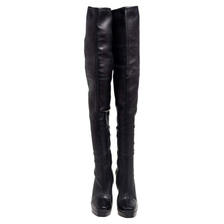 Pre Owned Gucci Black Leather Platform Over The Knee Boots Size 36