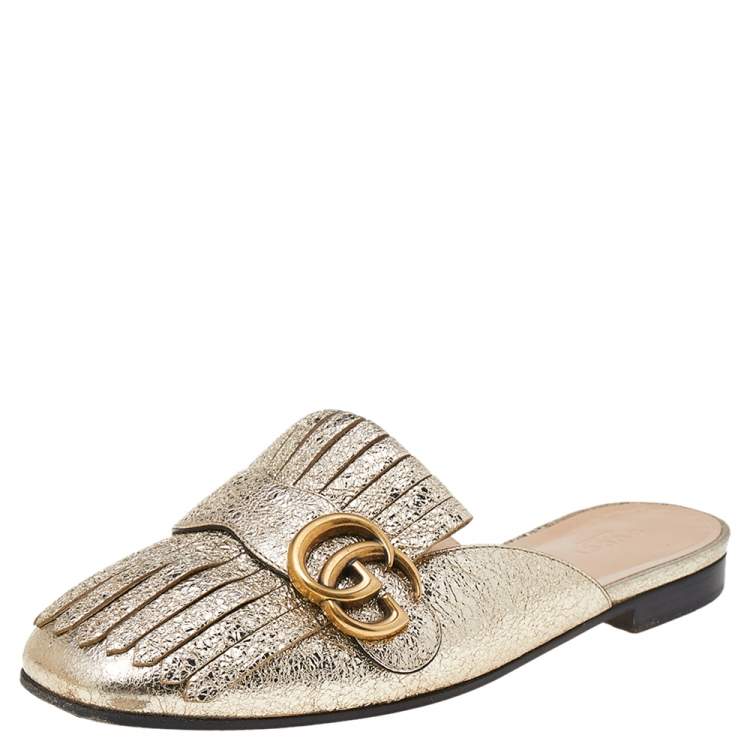 Gucci Metallic Gold Leather GG Marmont Fringe Mule Sandals Size 37.5 Gucci The Luxury Closet