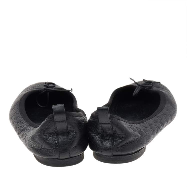 Pre Owned Gucci Black Guccissima Leather Bow Ballet Flats Size 36