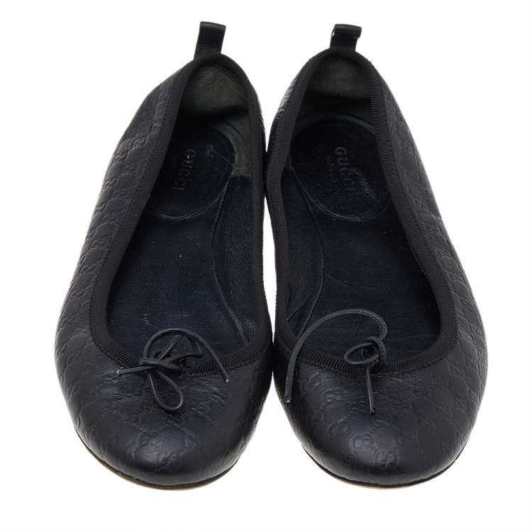 Pre Owned Gucci Black Guccissima Leather Bow Ballet Flats Size 36