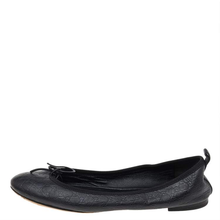 Pre Owned Gucci Black Guccissima Leather Bow Ballet Flats Size 36