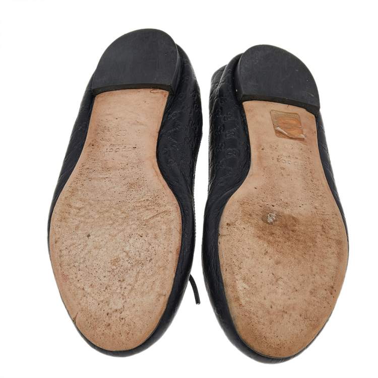 Pre Owned Gucci Black Guccissima Leather Bow Ballet Flats Size 36
