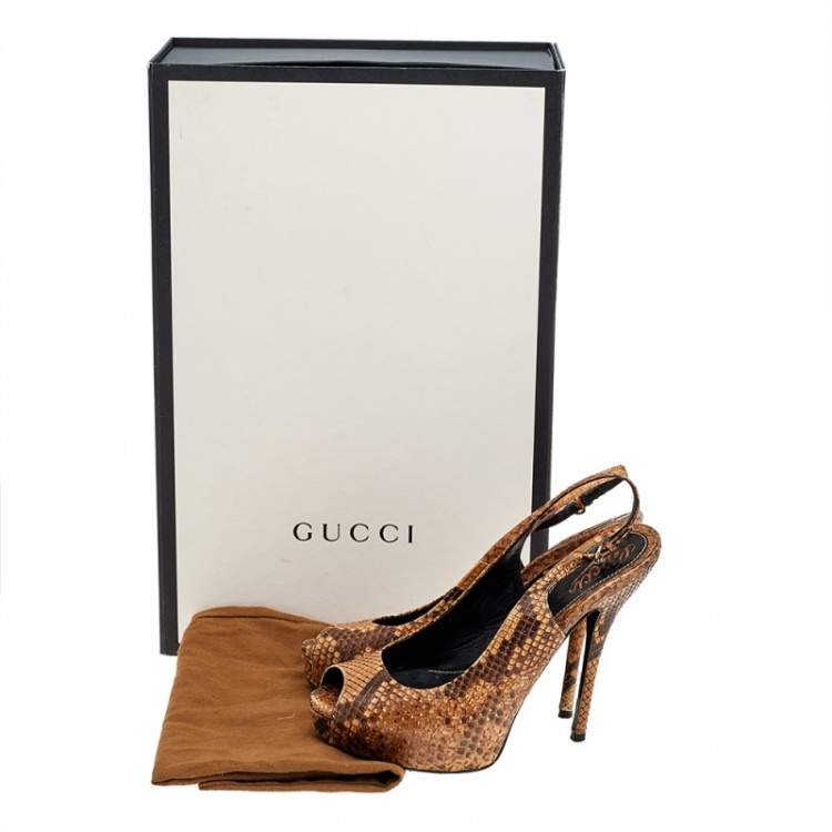 Pre Owned Gucci Brown Python Leather Slingback Sandals Size 37.5