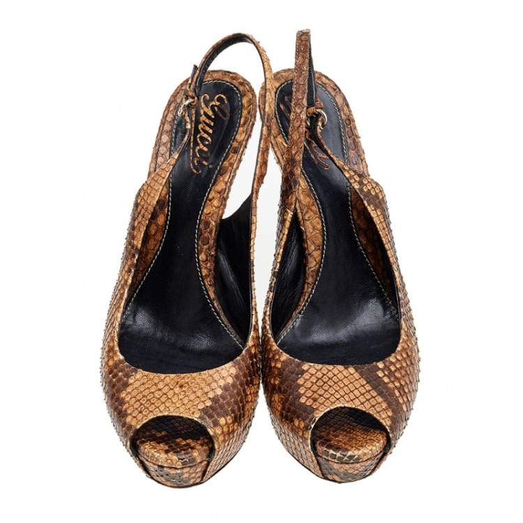 Pre Owned Gucci Brown Python Leather Slingback Sandals Size 37.5