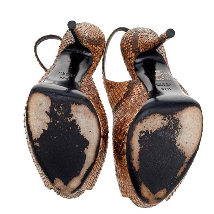 Pre Owned Gucci Brown Python Leather Slingback Sandals Size 37.5