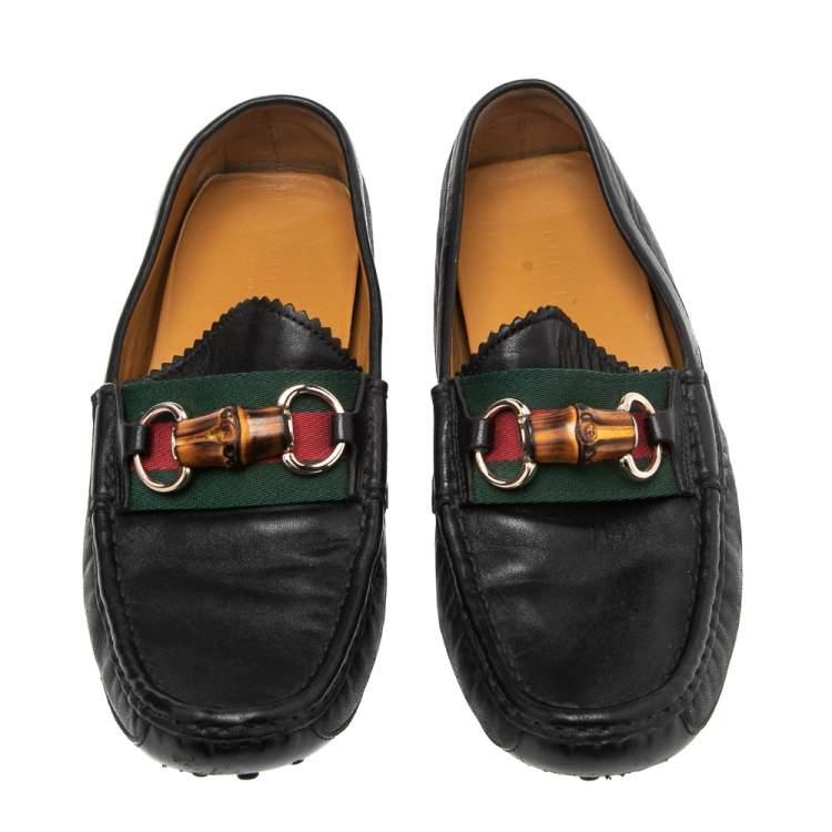 Pre Owned Gucci Black Leather Bamboo Horsebit Loafer Size 37.5