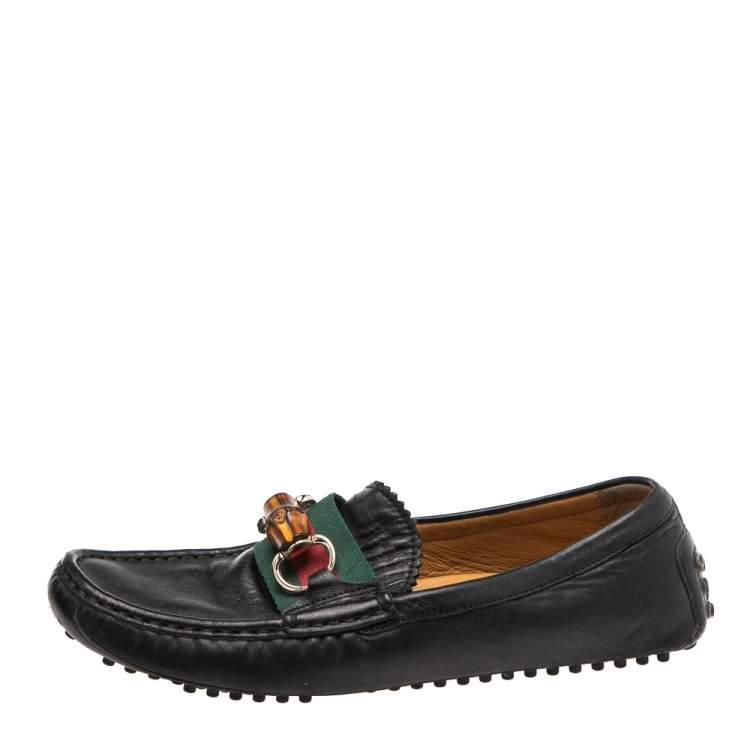 Pre Owned Gucci Black Leather Bamboo Horsebit Loafer Size 37.5