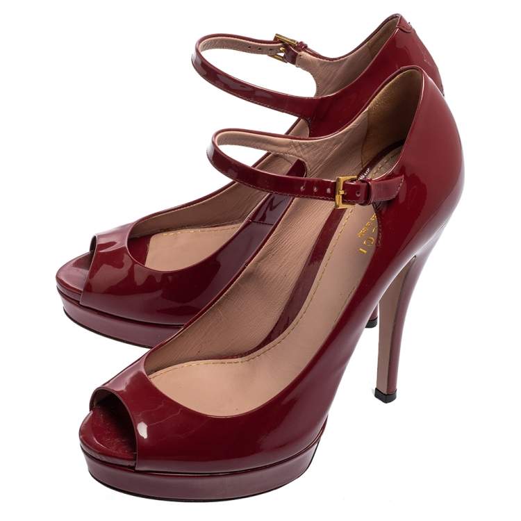 Pre Owned Gucci Maroon Patent Leather Ankle Strap Peep Toe Platform Pumps Size 38