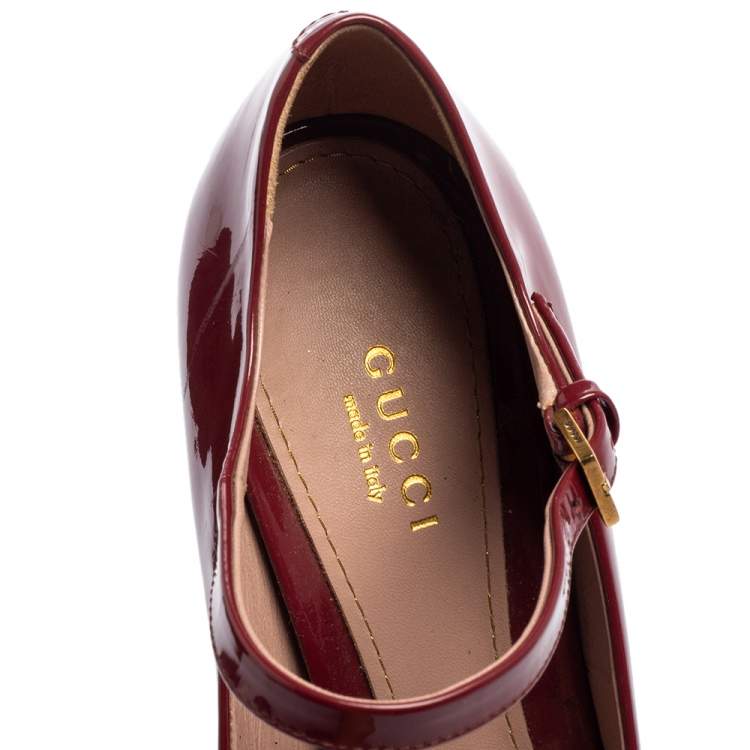 Pre Owned Gucci Maroon Patent Leather Ankle Strap Peep Toe Platform Pumps Size 38