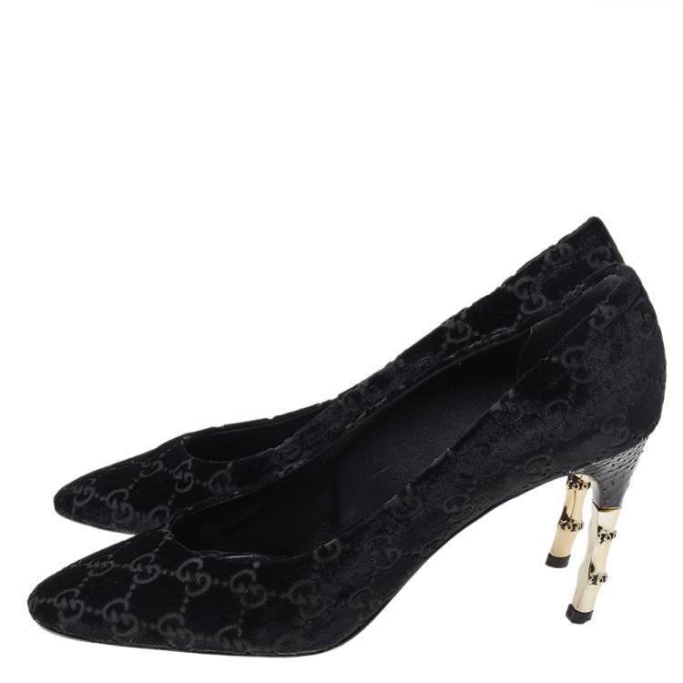 Pre Owned Gucci Black GG Velvet Bamboo Pumps Size 39