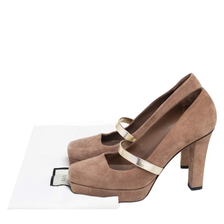 Pre Owned Gucci Dark Beige Suede Mary Jane Platform Pumps Size 38