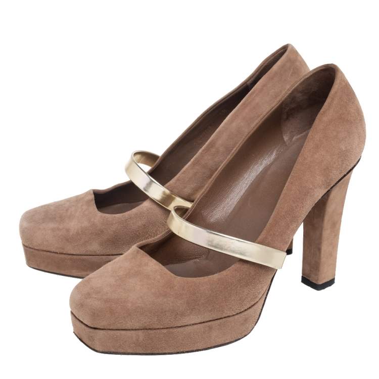 Pre Owned Gucci Dark Beige Suede Mary Jane Platform Pumps Size 38