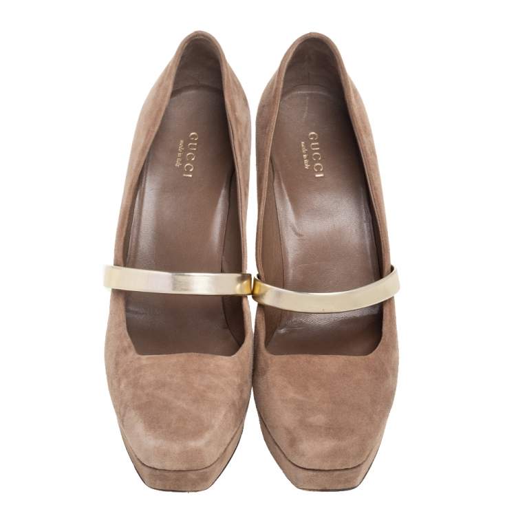 Pre Owned Gucci Dark Beige Suede Mary Jane Platform Pumps Size 38