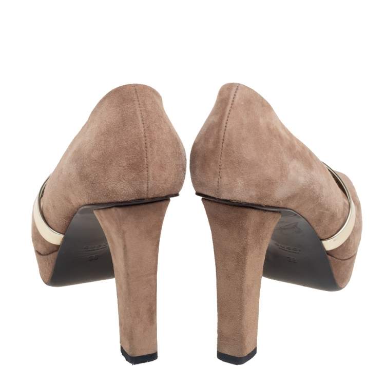 Pre Owned Gucci Dark Beige Suede Mary Jane Platform Pumps Size 38