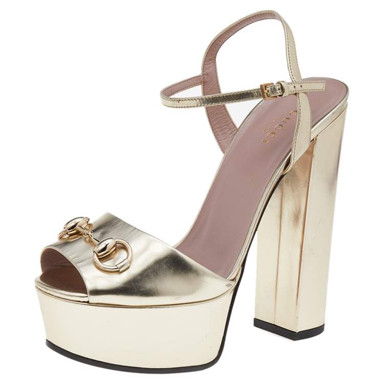 Gucci Gold Leather Claudie Horsebit Peep Toe Platform Sandals Size 38.5 ...