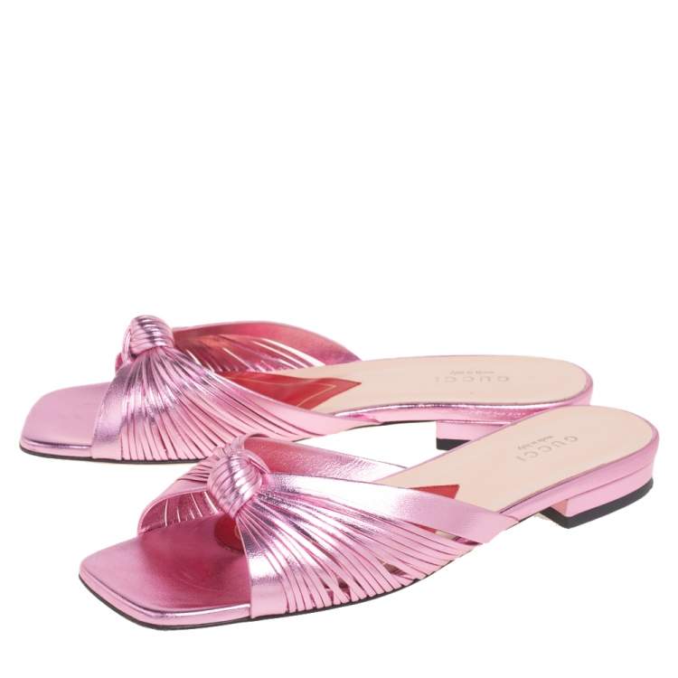 Pre Owned Gucci Metallic Rose Leather Bow Flat Sandals Size 36