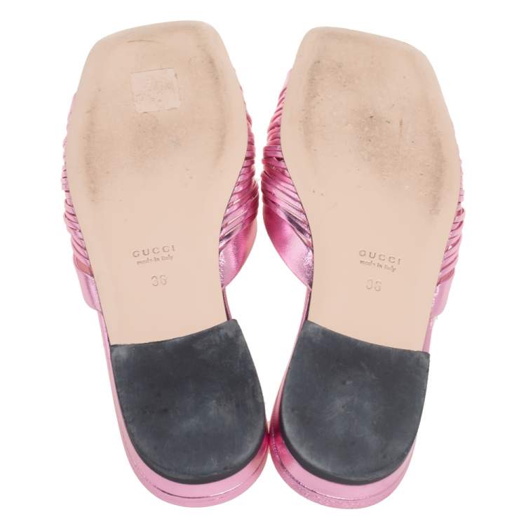 Pre Owned Gucci Metallic Rose Leather Bow Flat Sandals Size 36