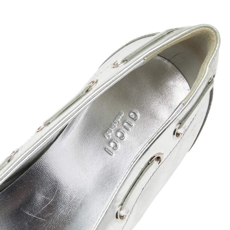 Pre Owned Gucci Silver Leather Bamboo Tassel Loafer Pumps Size 40