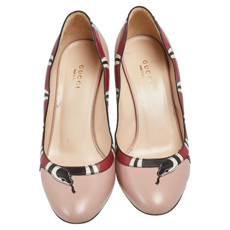 Pre Owned Gucci Beige/Red Leather Yoko Snake  Pumps Size 37