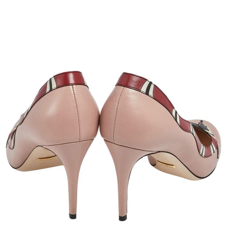 Pre Owned Gucci Beige/Red Leather Yoko Snake  Pumps Size 37