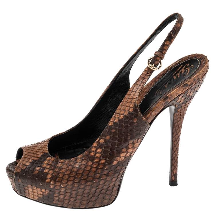 Pre Owned Gucci Brown Python Leather Sofia Platform Peep Toe Slingback Sandals Size 37.5