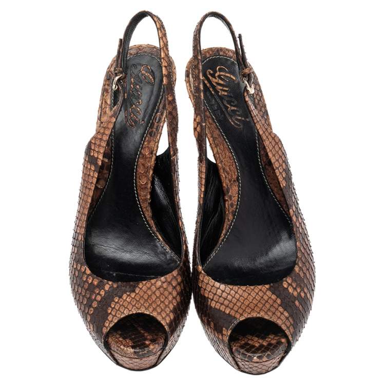 Pre Owned Gucci Brown Python Leather Sofia Platform Peep Toe Slingback Sandals Size 37.5