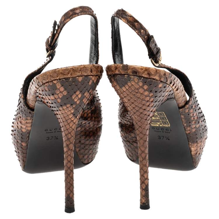 Pre Owned Gucci Brown Python Leather Sofia Platform Peep Toe Slingback Sandals Size 37.5