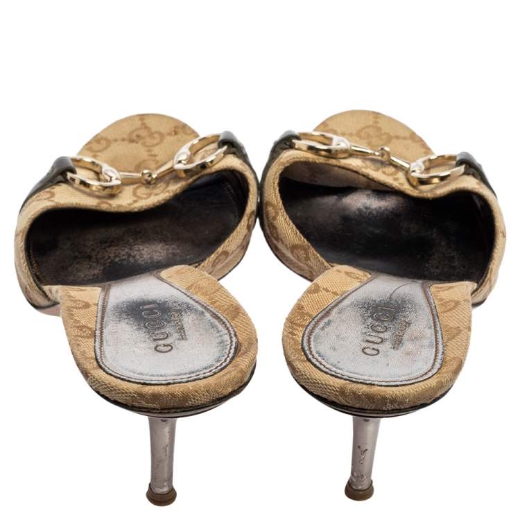 Pre Owned Gucci Beige GG Canvas Horsebit Slide Sandals Size 38.5