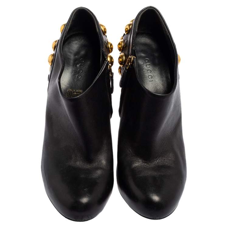 Pre Owned Gucci Black Leather Babouska Stud Embellished Ankle Booties Size 38