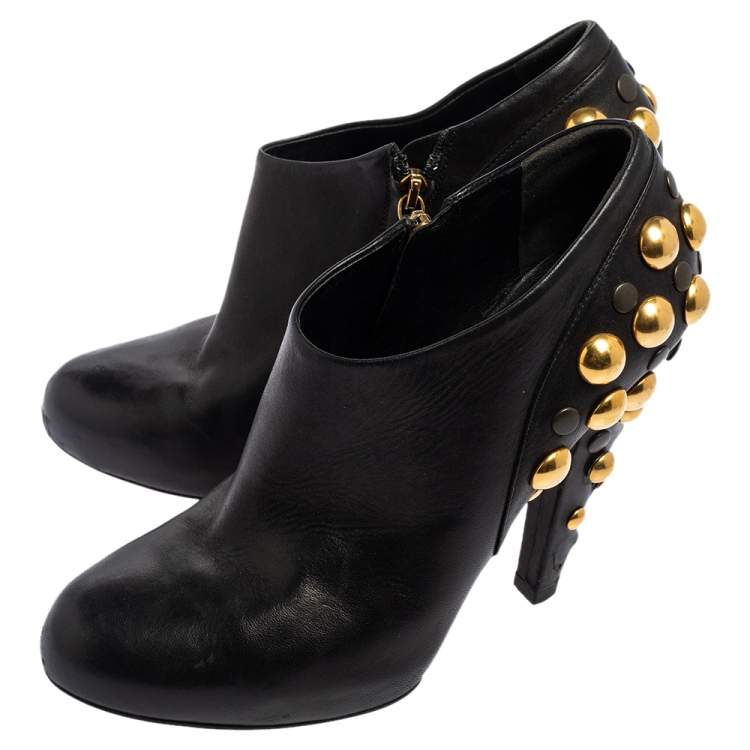 Pre Owned Gucci Black Leather Babouska Stud Embellished Ankle Booties Size 38