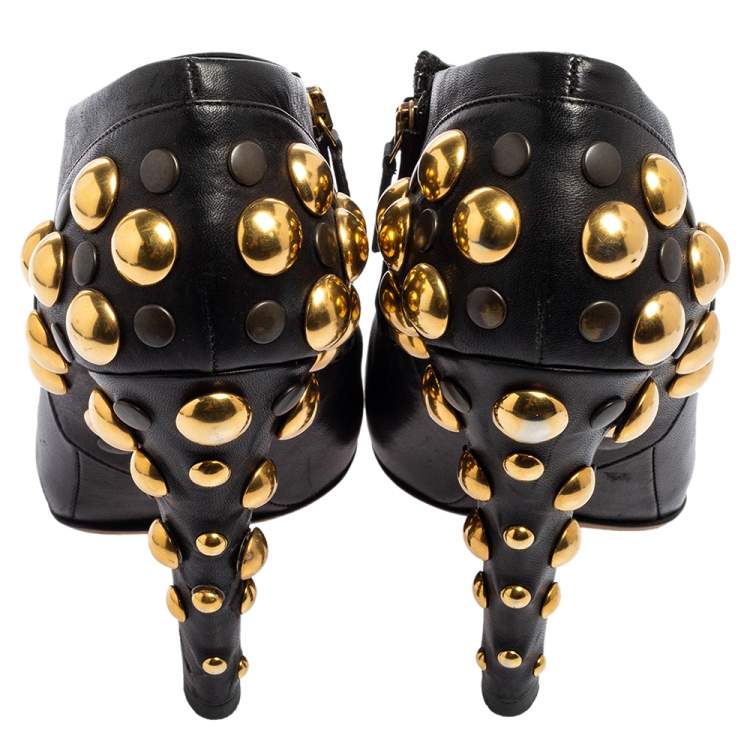 Pre Owned Gucci Black Leather Babouska Stud Embellished Ankle Booties Size 38