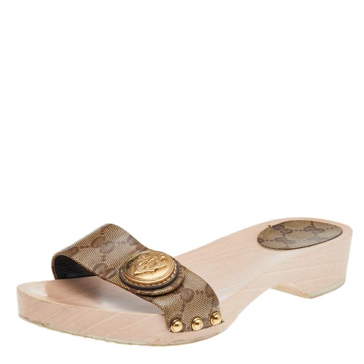 Gucci Brown/Beige GG Coated Canvas Hysteria Wooden Slide